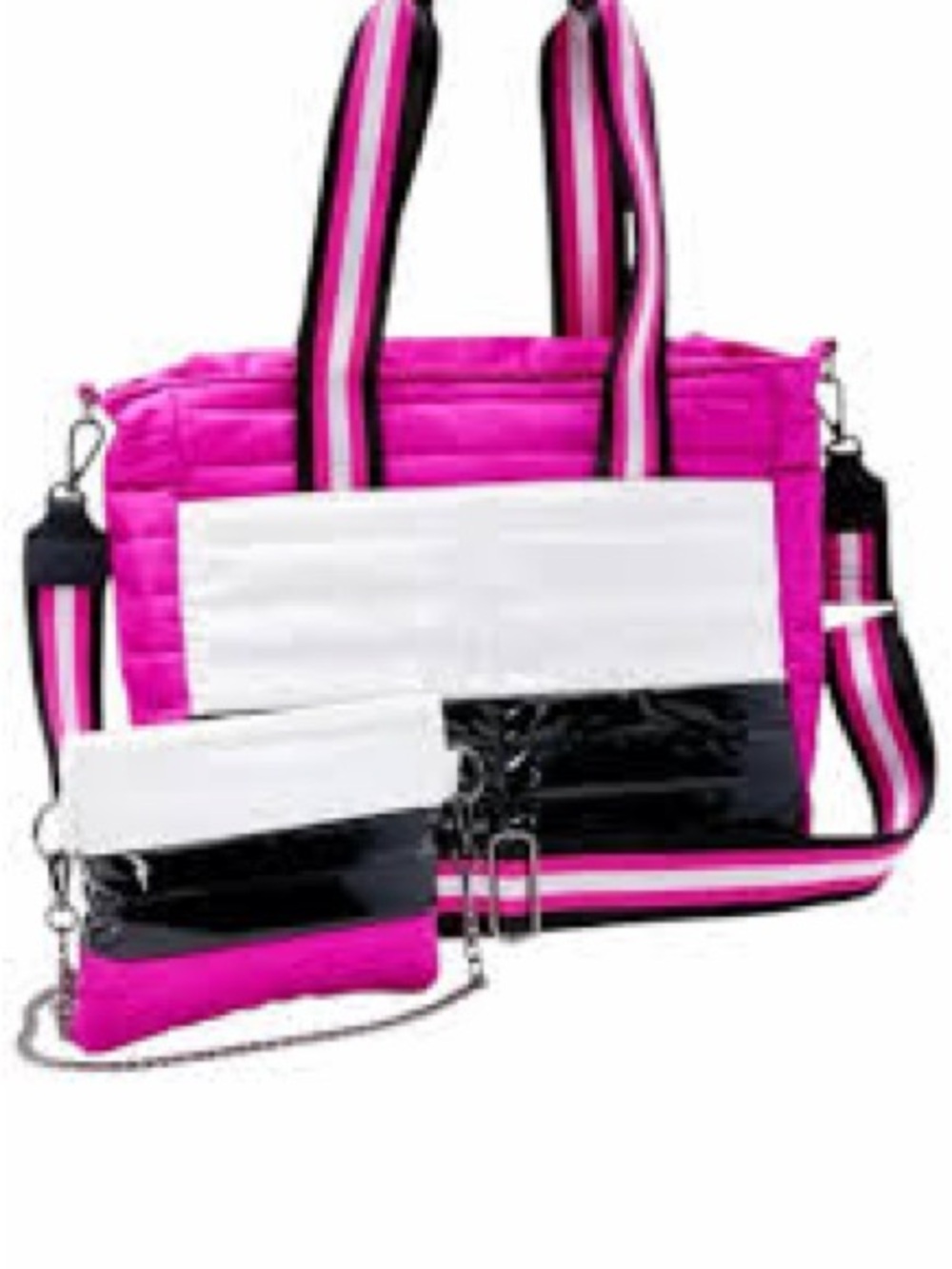 Think Royln Pink Striped Quilted Metro Tote Bag with Matching Pouch NWT